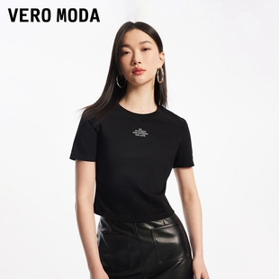 Vero ModaT恤2024春夏新款纯色圆领短袖修身短款纯色黑白简约休闲