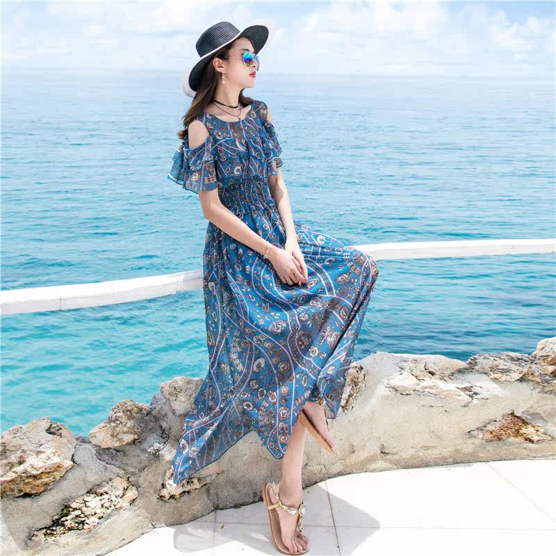 露肩沙滩裙女夏2019显瘦波西米亚长裙雪纺连衣裙海边度假气质裙子