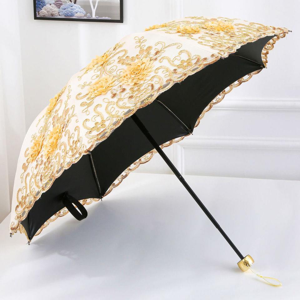 太阳伞黑胶防嗮防紫外线遮阳伞折叠伞晴雨两用蕾丝刺绣伞