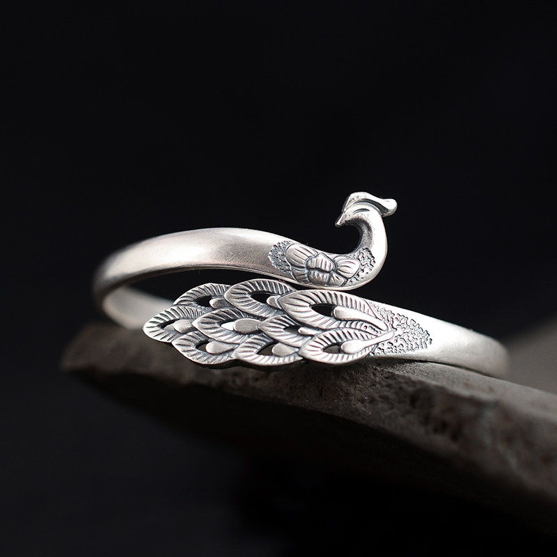 s999足银手镯纯银银凤凰复古实心古法开口孔雀手镯