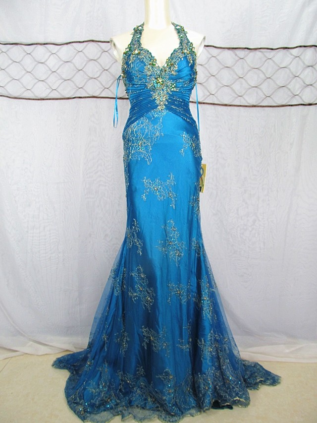 魅惑实拍法国原单重工钉珠修身挂脖拖尾晚礼服礼服