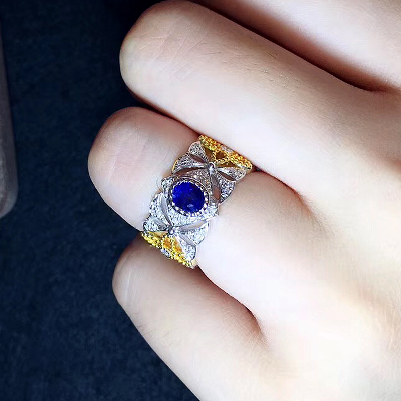 宝创18k金镶053克拉蓝宝石戒指意大利复古镂空设计手饰