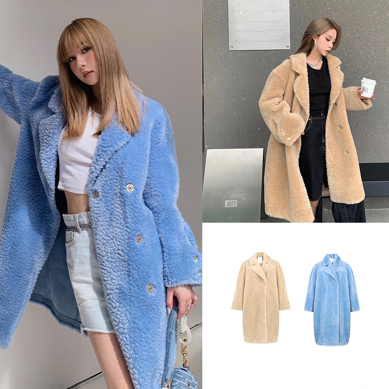 西装扣大双排毛双排新品羊羔raino毛羊羔泰迪蓝色毛呢外套