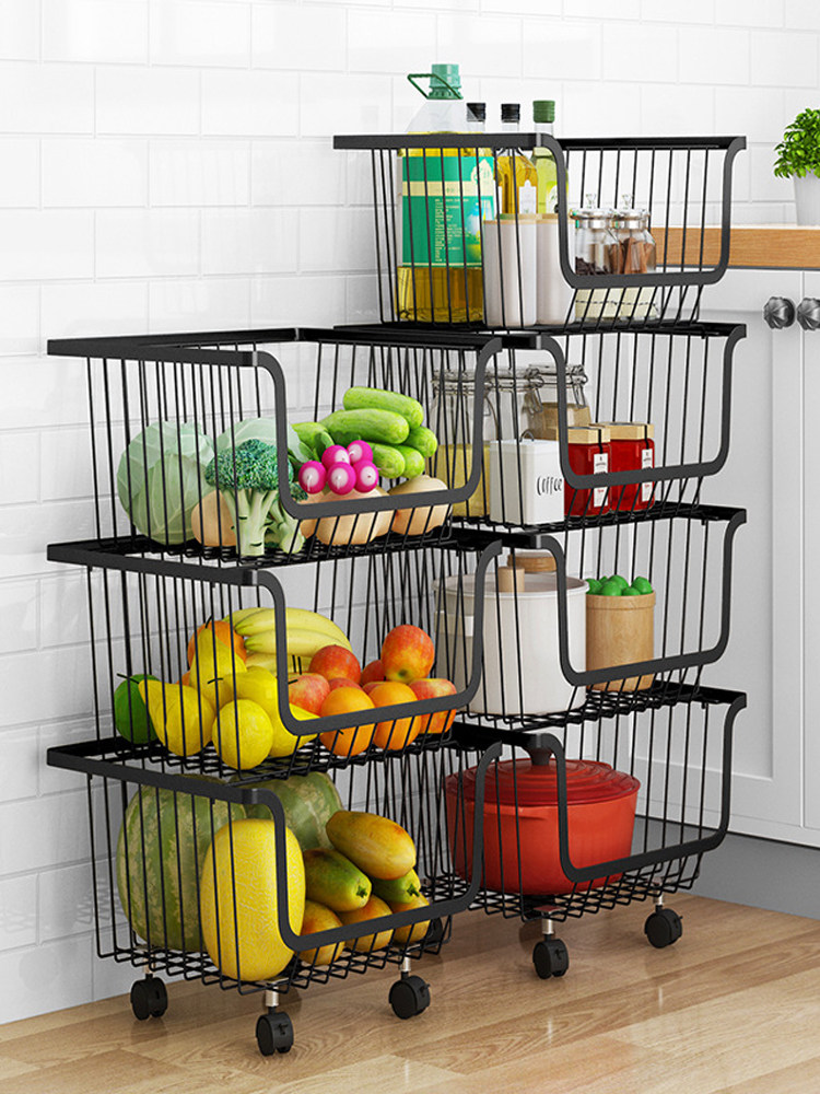 厨房蔬菜置物架落地多层放菜架家用水果收纳筐可移动带轮子菜篮子