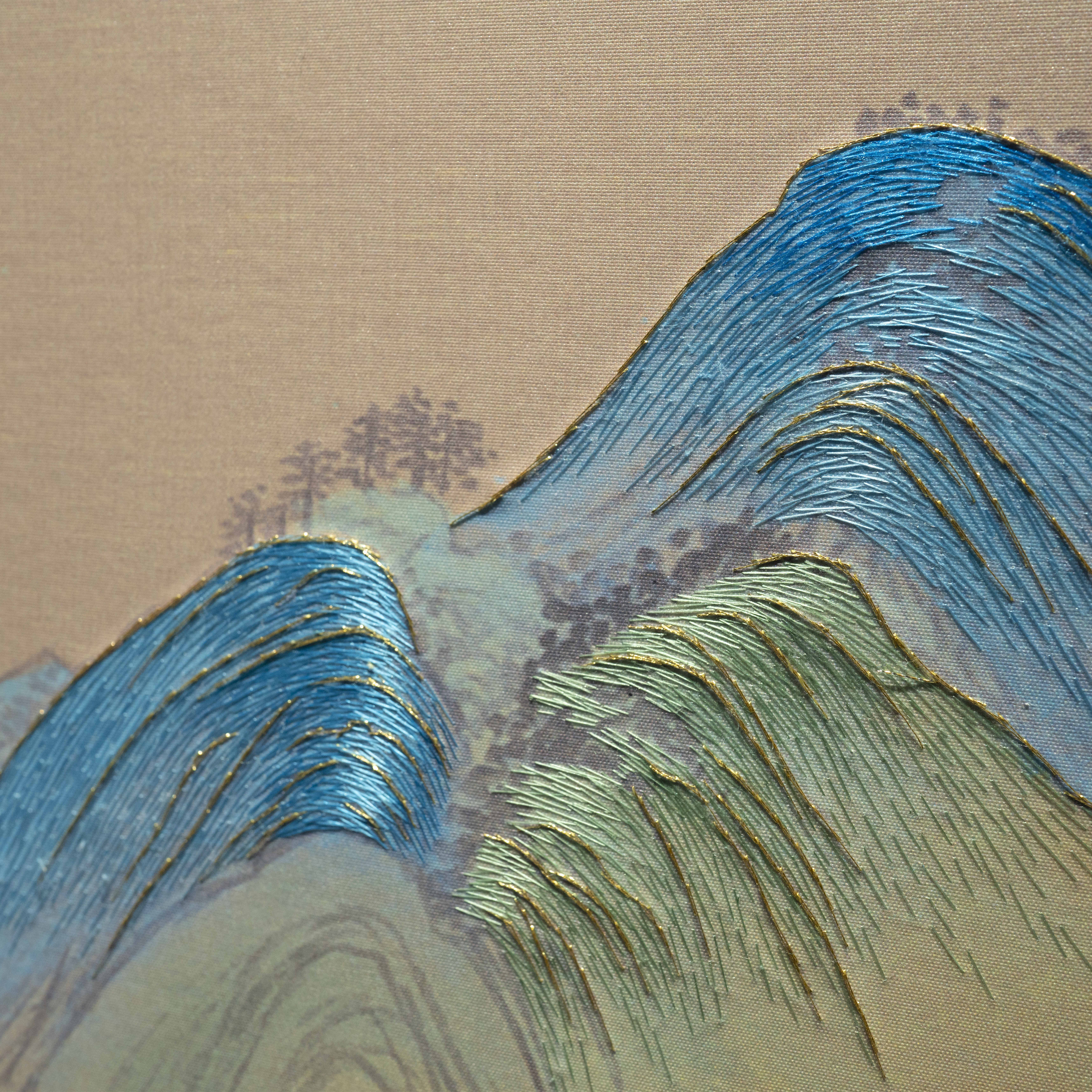 苏绣新中式成品挂画千里江山图定制客厅背景圆形玄关装饰画逸福瑞