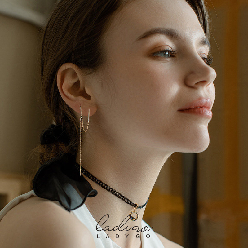 ladygo双耳连体耳钉一体式纯银银针长款流苏高级耳环