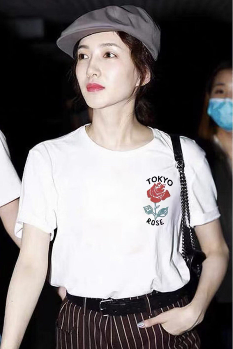 明星同款潮牌春夏白色短袖恤女玫瑰花港味韩版t恤