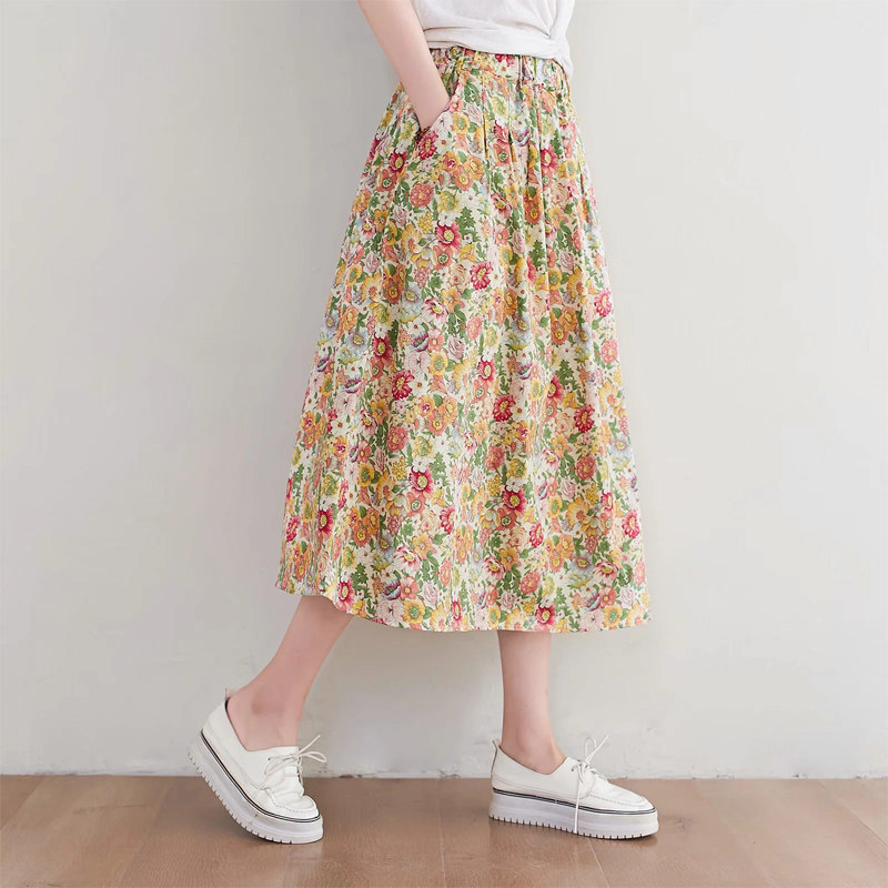 2021春装新品长款碎花棉麻半身裙女休闲复古半身裙