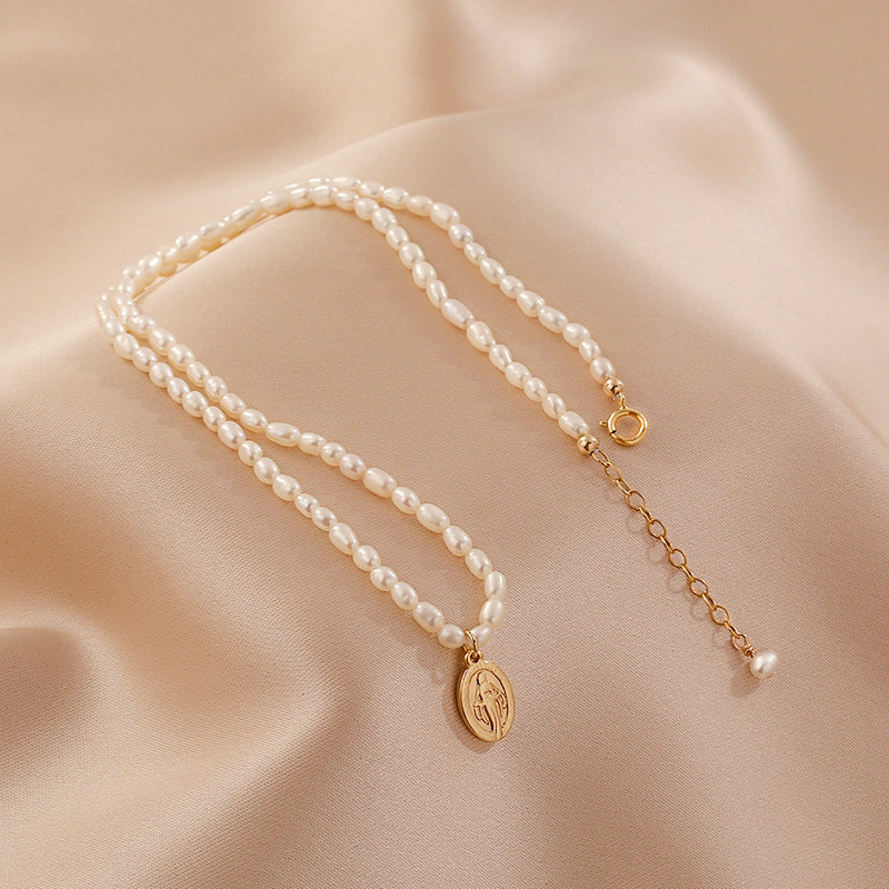 项链天然珍珠小粒米珠锁骨美国14k包金单坠项链