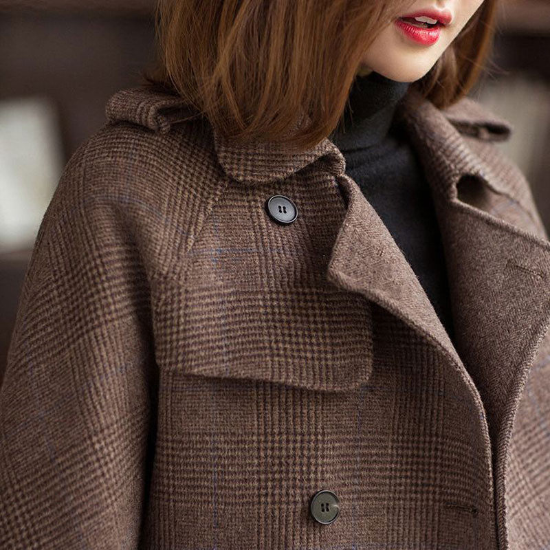 毛呢外套女短款韩版宽松显瘦复古气质格子加厚羊毛呢小个子大衣 - 偌