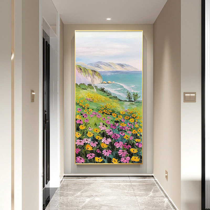 现代手绘油画进门玄关装饰画竖版大海风景肌理油画