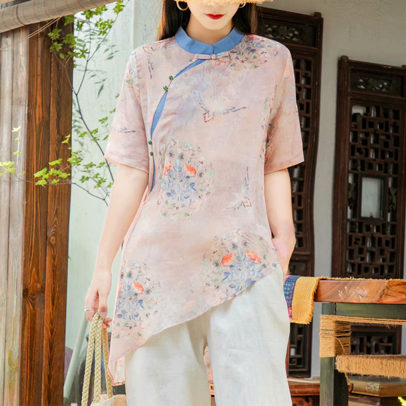 夏季薄复古中国风纯苎麻上衣女宽松斜襟不对称中长款立领印花衬衫