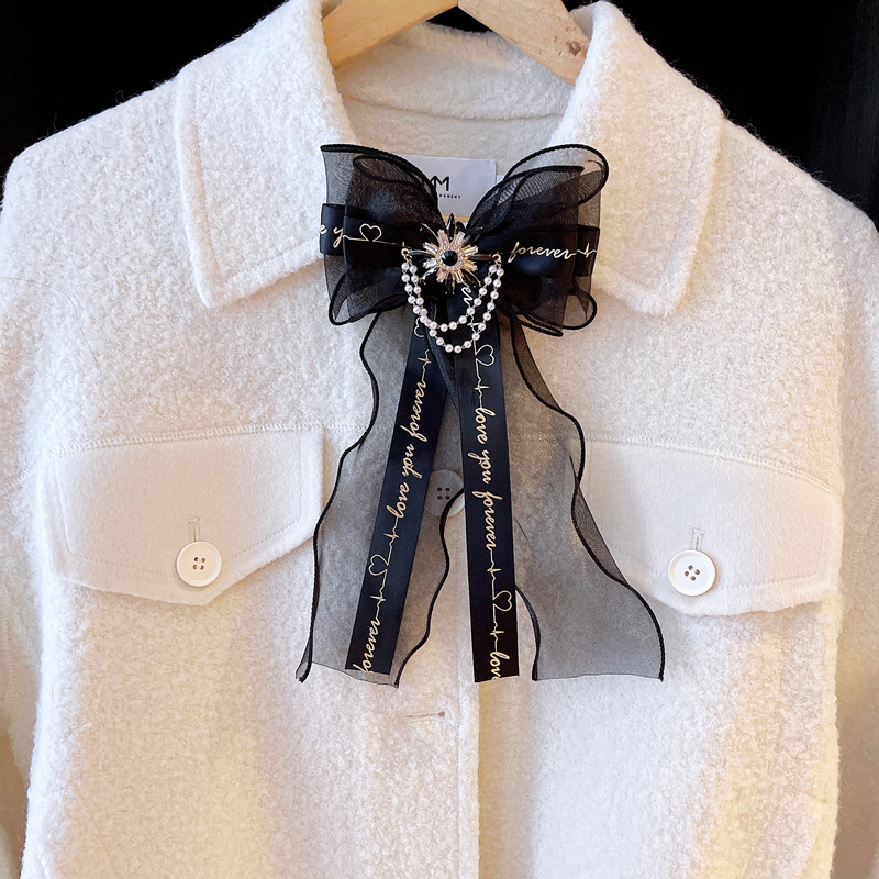 韩国东大门黑色蕾丝领结高档珍珠水钻衬衫领花领结