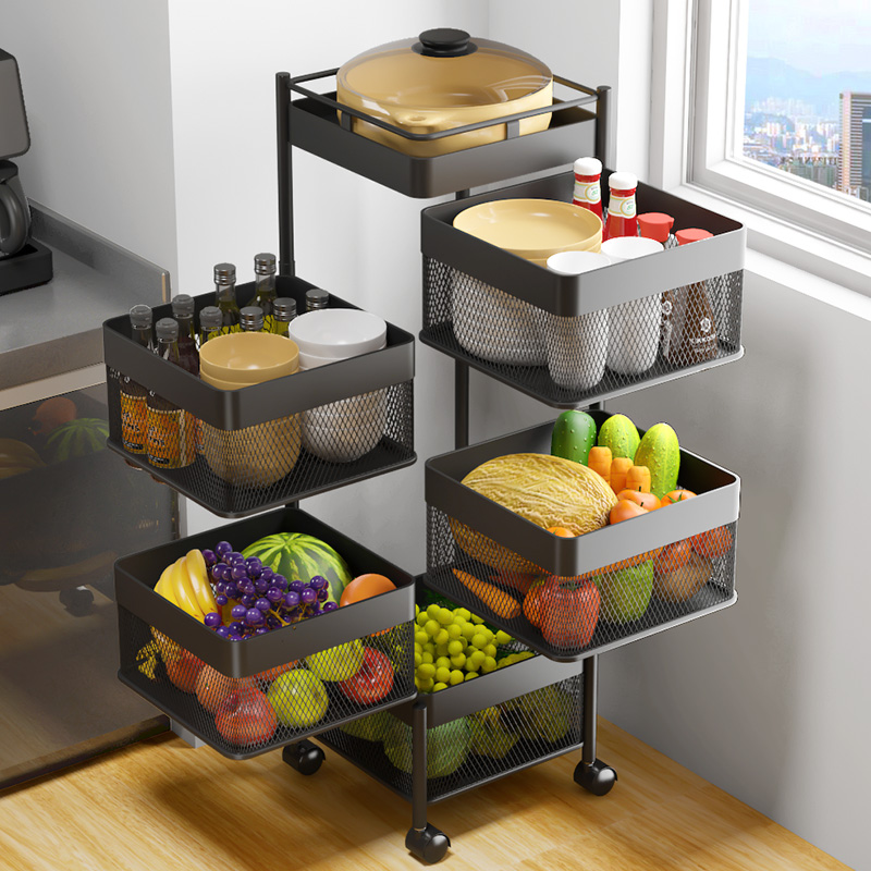 厨房蔬菜置物架可旋转移动收纳架落地多层储物架子菜篮子小推车