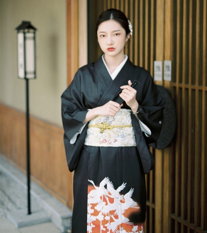 和服月夜黑色仙鹤料理日式温泉制服茶艺正装连衣裙