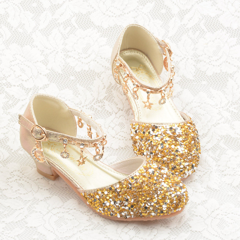 小学生高跟鞋粉色白雪公主水晶鞋闪亮亮的皮鞋小女孩女孩子皮鞋