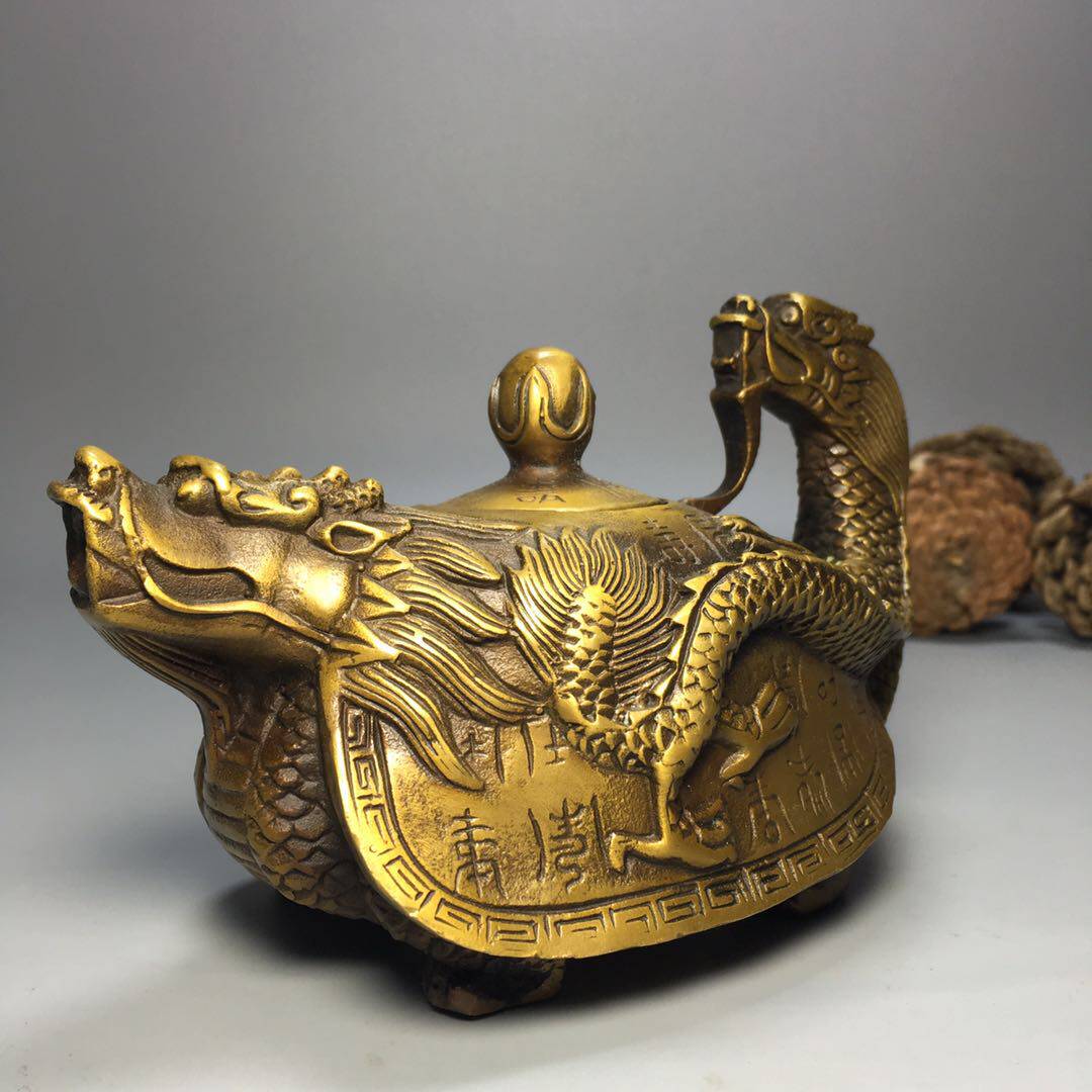 纯铜龙龟壶青龙回首茶壶酒壶摆件收藏装饰仿古招财龙回头开光法器  铜