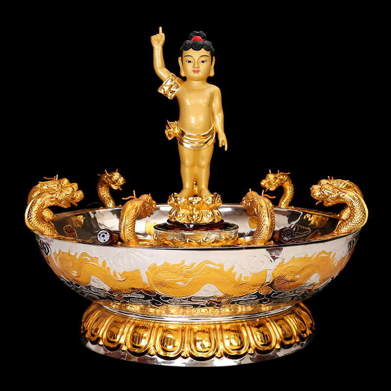 涛羽台湾金银浴佛盆大号九龙喷水太子佛寺寺庙摆件
