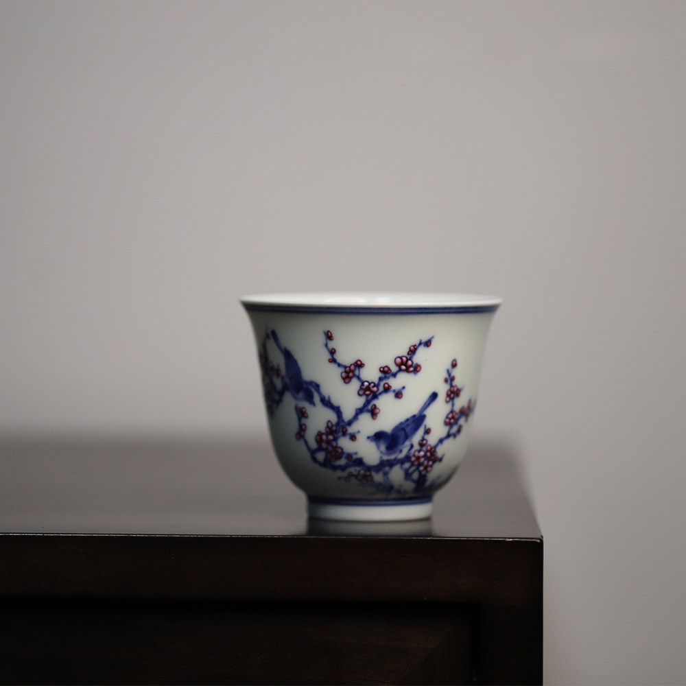 青花斗彩主人手工手绘喜鹊鹊登梅铃铛110cc茶杯