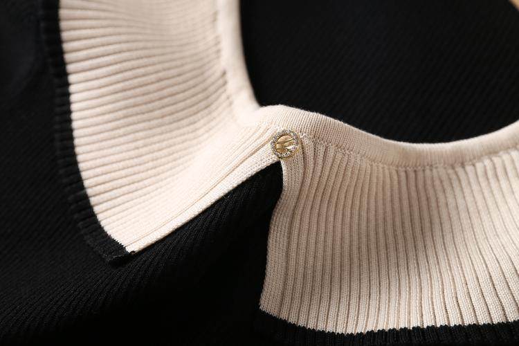 复古优雅微露锁骨天丝风琴领撞色翻领修身显瘦毛针织衫