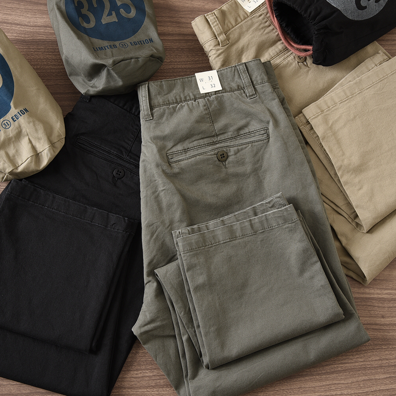 春秋简约英伦复古水洗做旧全棉肌理纹理面料男士宽松直筒休闲裤子