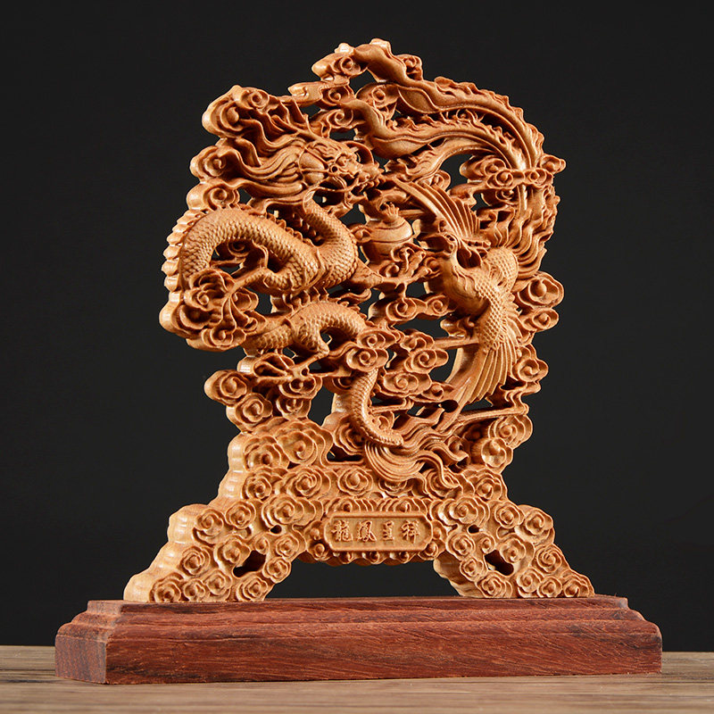 太行崖柏实木雕刻龙凤呈祥摆件木质送礼寓意家居风水木雕