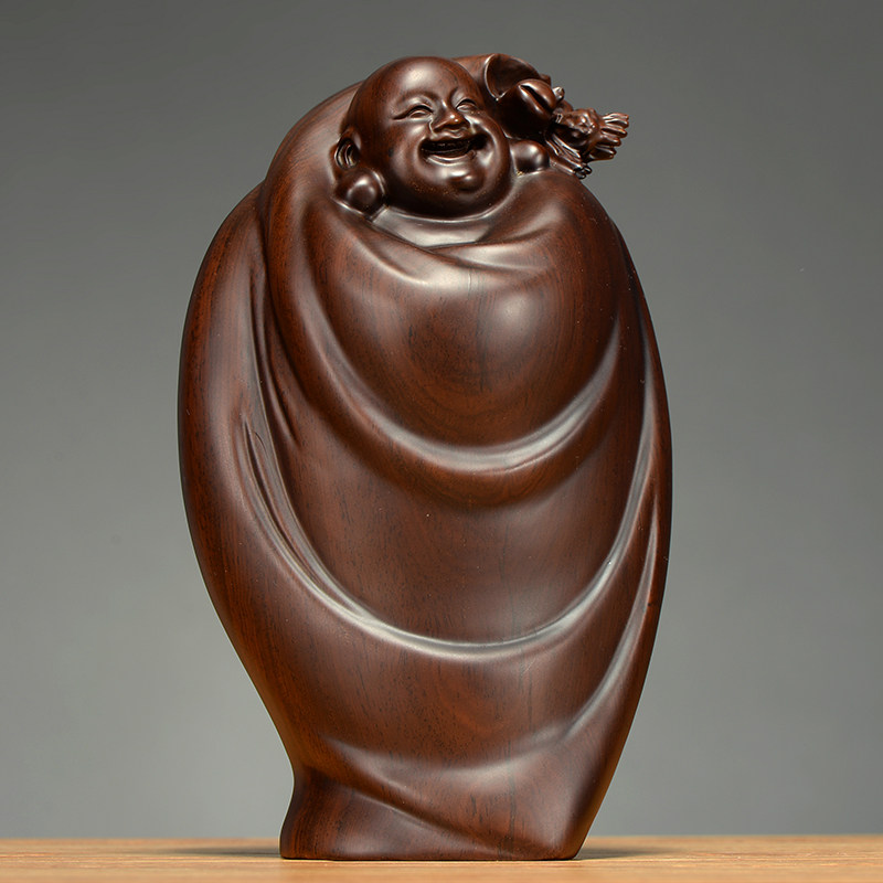 檀木木雕迎福弥勒佛像摆件一对客厅实木笑佛木雕