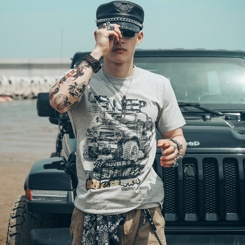 越野E族T恤短袖四驱山地爱卡车队硬汉欧美阿美咔叽复古重磅纯棉男