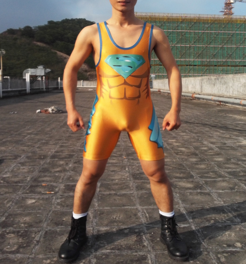 badiace超人连体举重男士超人摔跤服连体紧身衣数码印花紧身衣