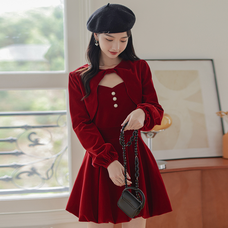 圣诞女装连衣裙气质小礼礼服轻熟设计丝绒裙子连衣裙