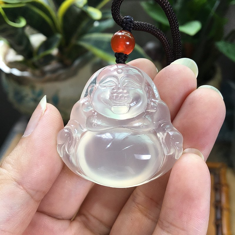 遇见天使纯天然冰种玉髓白佛公吊坠玛瑙项坠纯银项坠