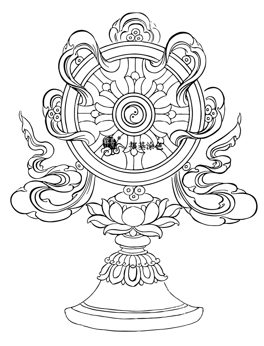 唐卡描金吉祥八宝线稿白描八吉祥diy手绘diy