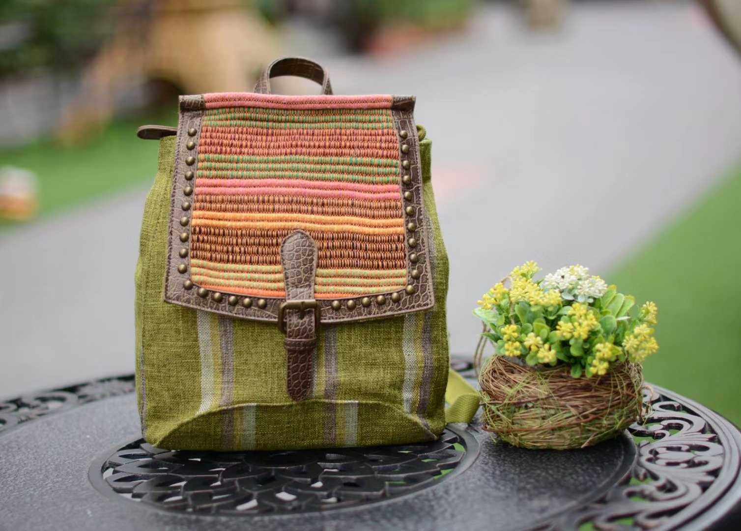 双肩背包手工手工制制作编织文艺民族风棉麻麻布女士包袋