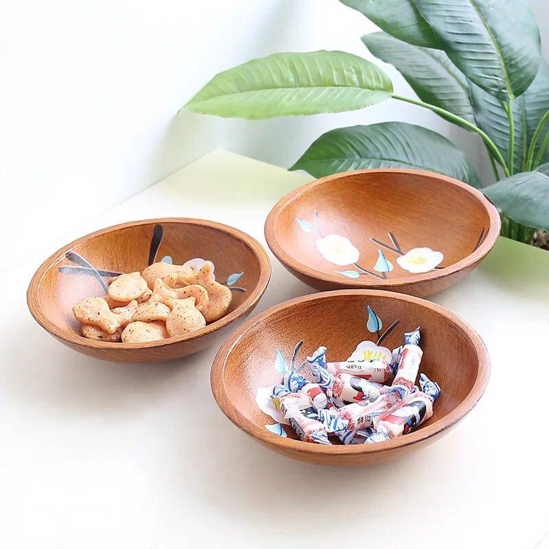 果盘zakka日式手工彩绘木质圆形干果茶馆咖啡馆果盆
