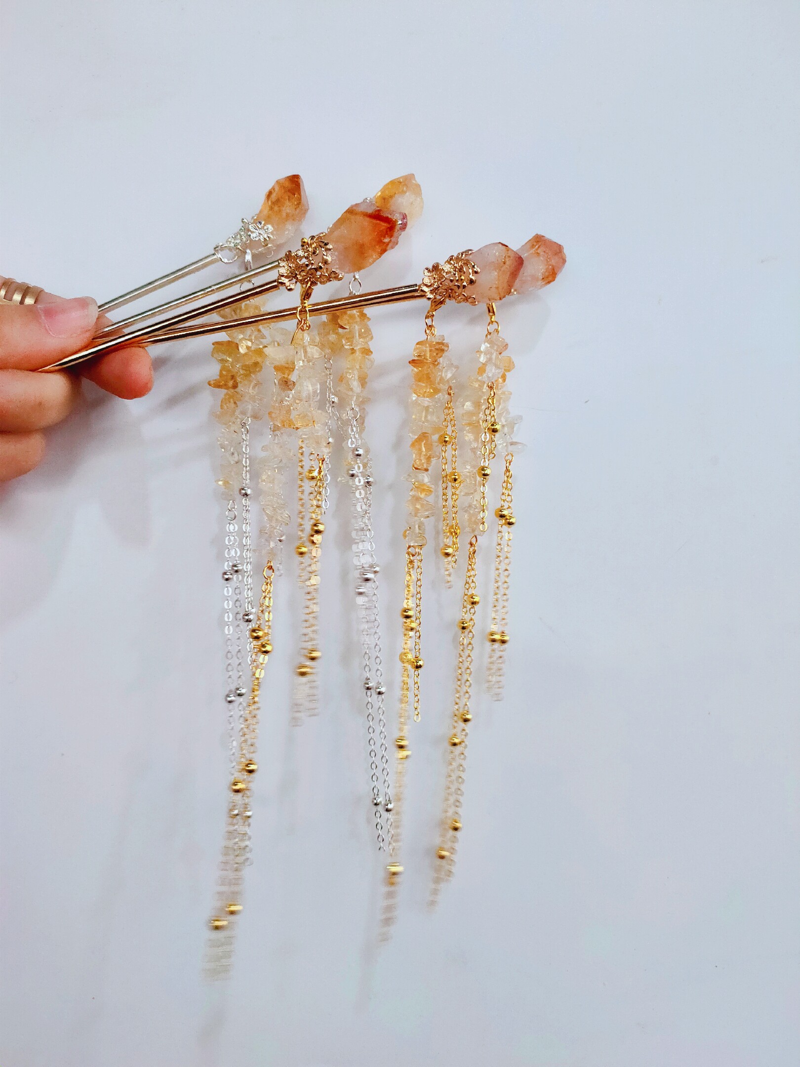 玲珑千寻原创古风流苏头饰黄水晶原石发簪创意礼品