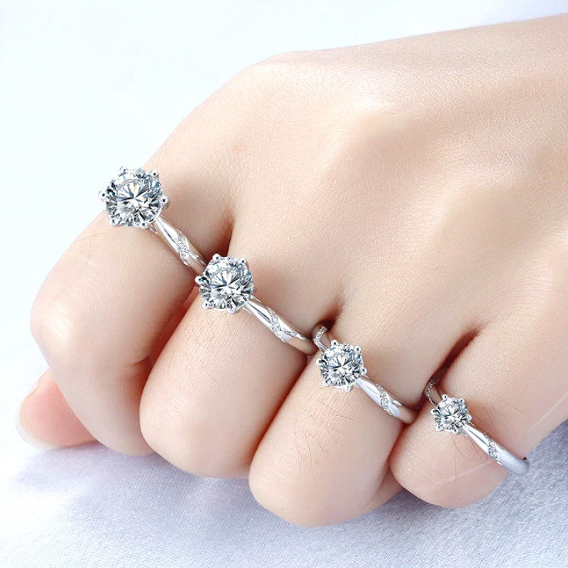 pt950铂金进口莫桑24k白金经典微镶花臂六爪戒指