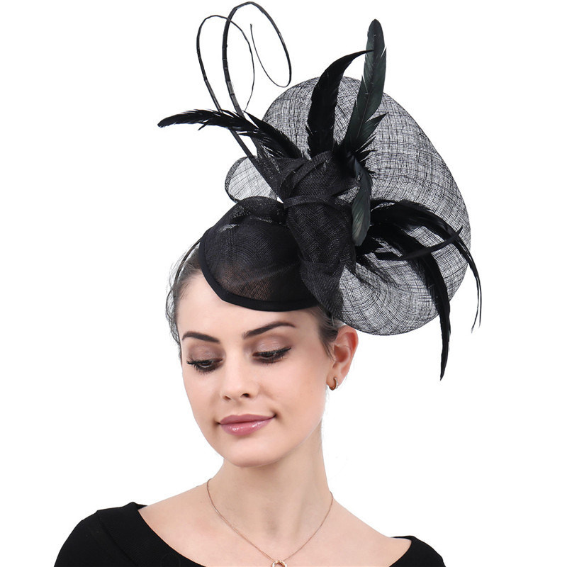 旗左复古夸张红色麻纱礼帽派对对大羽毛新娘帽子