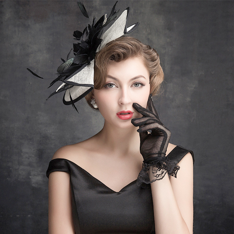 旗左 优雅网纱礼帽女新娘头饰英伦黑白色帽子羽毛宴会小礼帽配饰