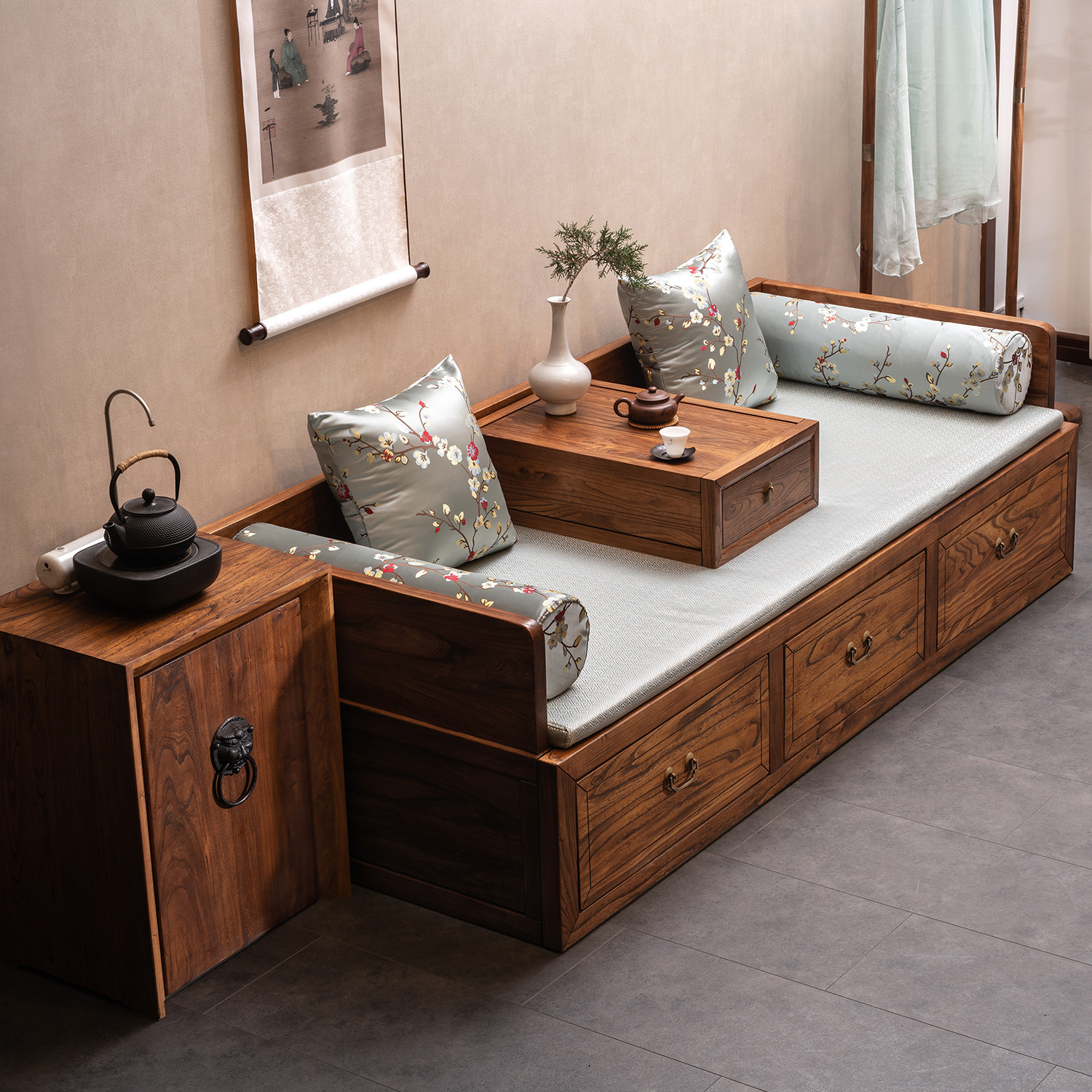 溪木工坊罗汉床新中式实木榆木推拉床榻小户户型罗汉床