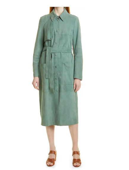 美国代购hugoboss女装时尚反绒复古牛皮中长风衣