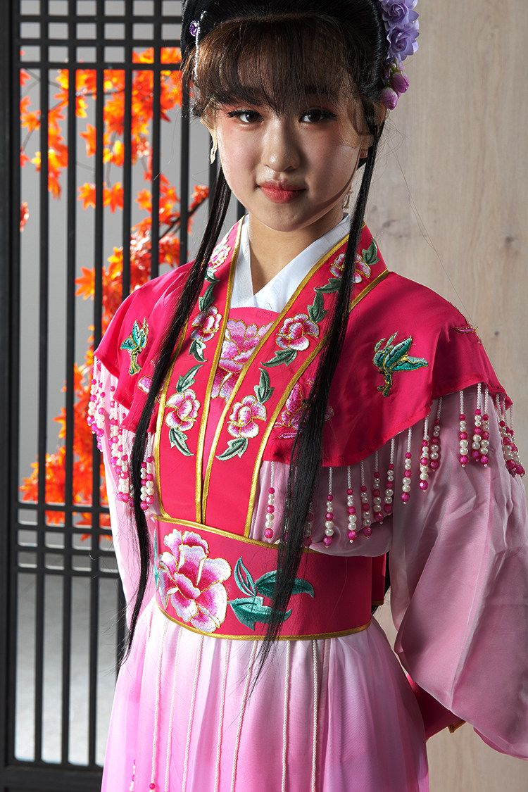 绣花越剧花旦戏服蝴蝶渐变胸襟对花珠饰腰带民族服装