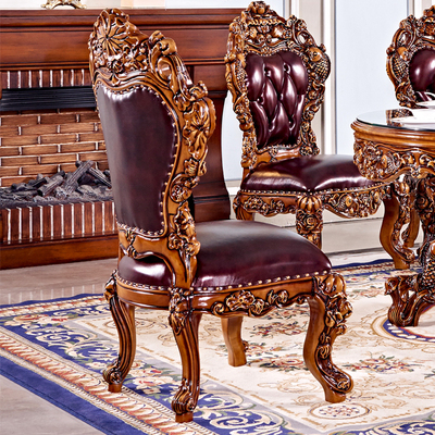 欧式餐椅全实木动物雕花头层真皮书椅椅子美式奢华餐厅书房靠背椅