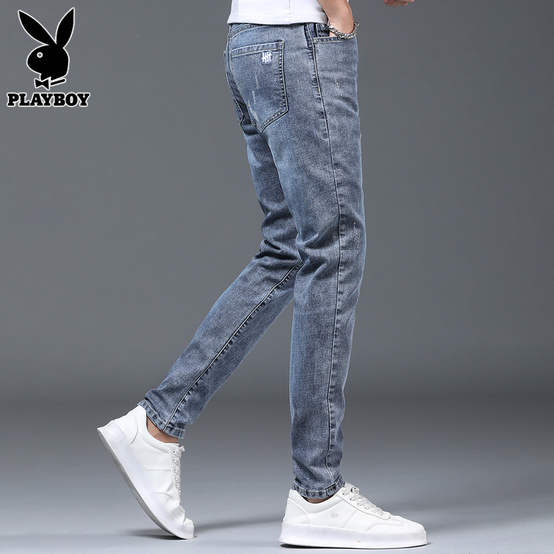 花花公子夏季休闲牛仔裤男士秋新薄款潮高端修身小脚弹力百搭长裤