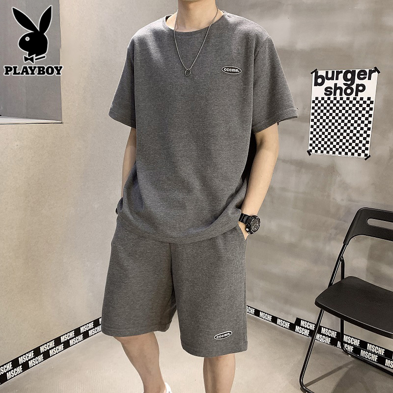 花花公子冰丝短袖套装男士夏季休闲运动搭配一套帅气华夫格t恤男