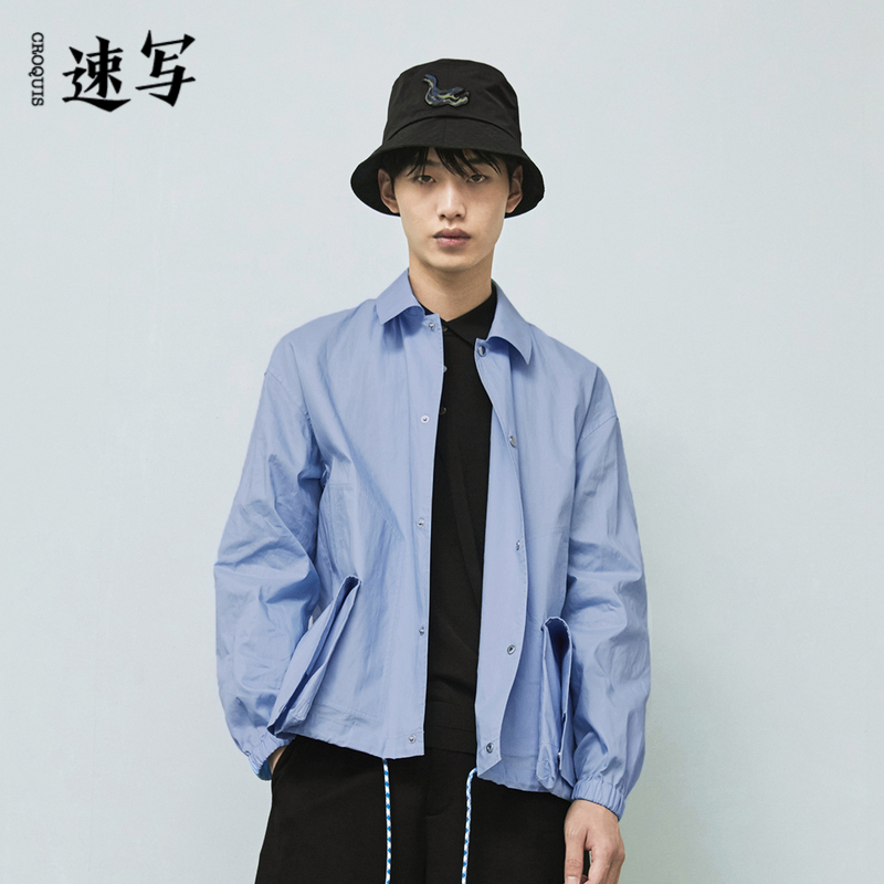 速写男装春秋折扣新款衬衫版外套情侣单色休闲抽绳设计师款潮复古