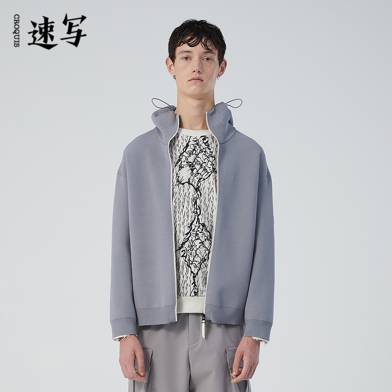速写男装春秋折扣新款休闲连帽针织开衫外套抽绳运动卫衣版复古