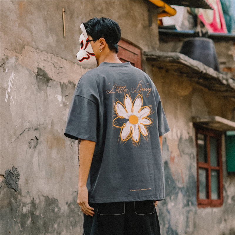 2021夏季新款雏菊花印花拼色宽松圆领T恤男ins休闲短袖情侣装潮流