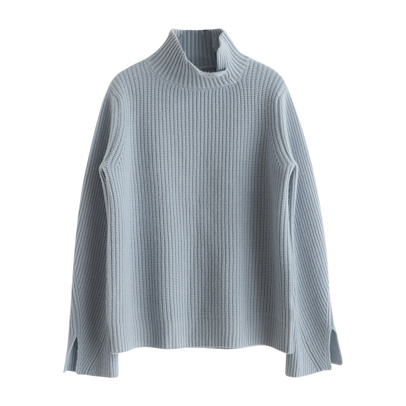 高领毛衣珠地侧开衣袖山羊绒宝贝蓝色毛针织衫