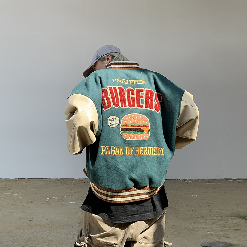 POH「芝士汉堡」 美式宽松棒球服男毛巾绣pu皮袖拼接夹克外套潮牌