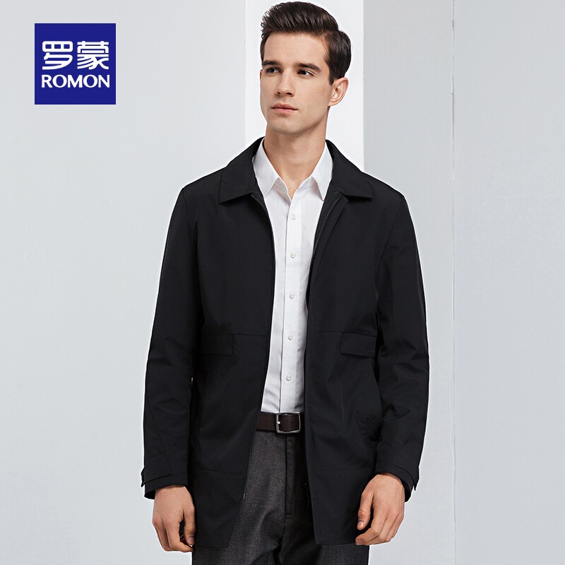 罗蒙中长夹克2021春季商务休闲翻领外套中老年夹克